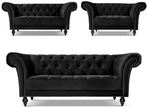 Bravich Chesterfield Velvet Sofa Suite, Black Armchair, 2 and 3 Seater Sofa Set, Living Room Furniture, Classic Button Back, Solid Wood Frame, 3 Piece Collection