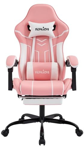 SUKIDA Gaming Stuhl Computerstuhl Ergonomischer Gaming Chair mit Fußstütze Bürostuhl Ergonomischer Computerstuhl mit Lendenwirbelstütze Pinkwhite
