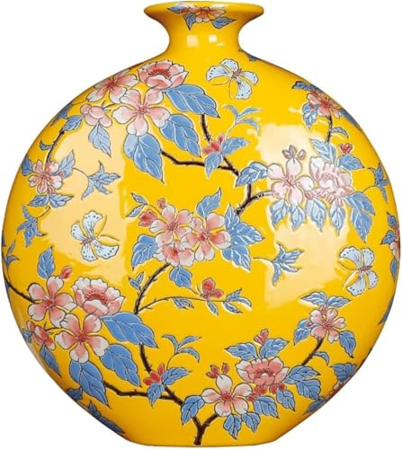 KJHONG Vase Tischplatte Blume Vase Keramik Vase Neue Chinesische Handgemachte Emaille Gemalt Porzellan Vasen 13, 4 Zoll Große Gelbe Keramik Blume Vase Wohnzimmer