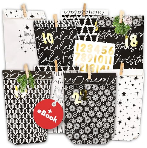AMARI ® Adventskalender zum Befüllen - 24 Papier Adventstüten (mit Holzklammern) zum Basteln für Weihnachten - Papier Weihnachtstüten mit Zahlenaufkleber