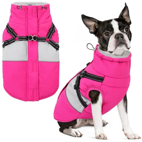 AOFITEE Hundejacke Mittelgroße Hunde, Winter Wasserdicht Hundejacke Hundemantel mit Geschirr, Warmer Wintermantel Reflektierend Winter Outdoor Hundebekleidung für Dackel, Boston Terrier, Rosa M