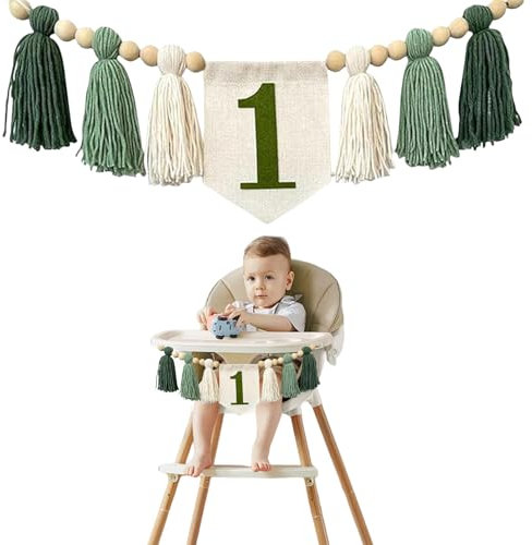 LUMOOM Hochstuhl Banner, 1. Geburtstags Hochstuhlbanner, Geburtstagsdeko 1 jahr, Vintage Leinen Girlande für Mädchen & Jungen, für Baby Party und Dusche, DIY Dekoration (Grün)