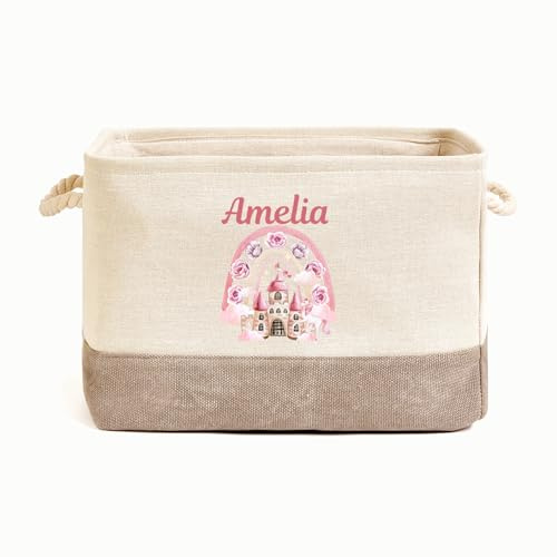 Hoolaroo Personalised Unicorn Castle Toy Box Storage Caddy Basket Canvas With Handles – Print Organiser Bin for Bedroom Nursery Playroom Size Small 30cm
