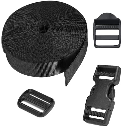 15M Gurtband Polypropylen, 25 mm Schwarz Rucksackgurte mit 10 Paare Schnallen und Verschlüsse, Wasserresistent Nylonband Baumwolle Taschengurt für Gepäckgurten DIY Rucksack Hundehalsband Handwerk