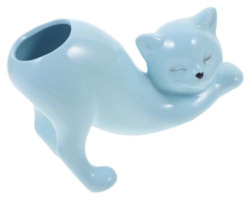 VALICLUD Ceramic Cat Shaped Succulent Planter Pot Cartoon Animal Flower Pot for Indoor Plants Home Garden Desk Decor Blue