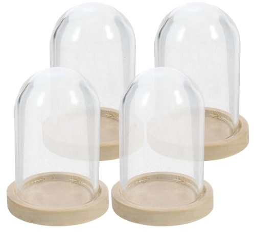 DIYEAH 4 Sätze Mini Glasdom Glasglocke mit Holztablett Dauerhafte Glasvitrine für Trockenblumen Micro-Landschaft Dekoration Bruchsicher Handgefertigt Elegante Tischdeko