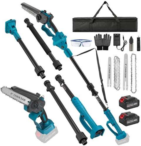 Podadora de pértiga inalámbrica 4 en 1, mini motosierra sin escobillas de 6 y 8 pulgadas con 2 baterías de 4000 mAh, alcance de 4,6 m, herramienta de jardinería para poda y corte de ramas