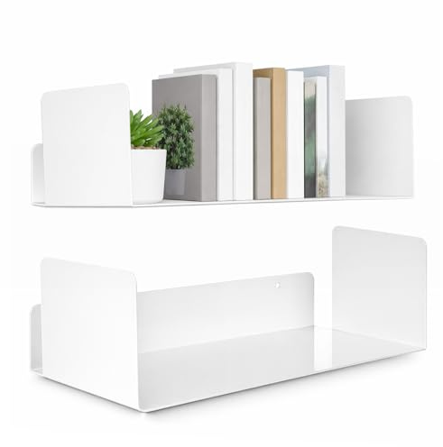 Toemics 2er Set Schweberegal Weiß 40 cm Wandregal Metall Bücherregal Wandregal für Bücher Bilderleiste CD DVD Regal inklusive Montagematerial