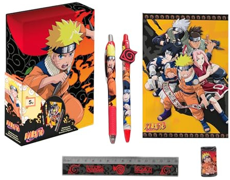Naruto Schreibwarenset für Jungen, Bestehend aus Notizbuch, Lineal, Bleistift, Kugelschreiber und Geschenkbox, Schreibwarenset für Kinder