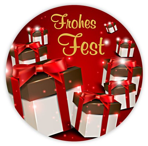 Weihnachtsaufkleber Weihnachtssticker Frohes Fest mit Geschenken rund Ø 30 mm, 100 Stück auf Rolle, Haftpapier glänzend