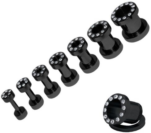 SoulCats Flesh Tunnel Straß Zirkonia Tunnels einzeln oder als Set, Größe: 4 mm;Farbe: Schwarz
