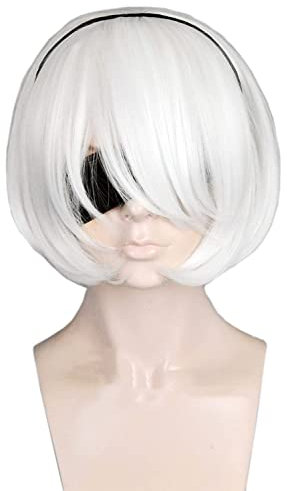 Topcosplay Damen Kurze Perücke Weiß Halloween Kostüm Cosplay Perücke mit langem Pony