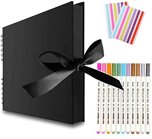 Evneed Fotoalbum mit schwarzen Seiten, 30 x 22 cm, für DIY, Jahrestag, Reise-Erinnerungsbuch, 40 Blatt, 80 Seiten, mit 12 bunten Marker-Stiften Schwarz