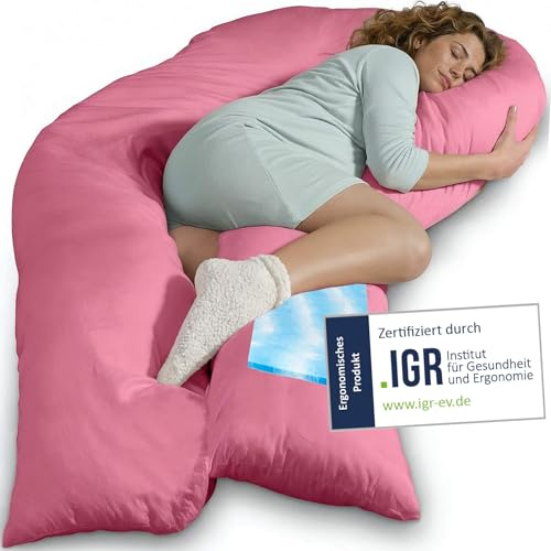 Traumreiter Schwangerschaftskissen Visco XXL langes Wendekissen Memory Foam [orthopädisch] + Watte | Schwangerschaft Kissen zum Schlafen, Stillkissen mit Bezug Pink, Ergonomie Zertifiziert
