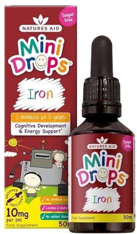 Natures Aid Mini Drops Iron for Kids 50ml – Supports Cognitive Development & Energy – Gluten & Sugar Free Vegan Non-GMO – Natural Supplement for Babies & Children Age 0-5 Years Old - Dropper Included