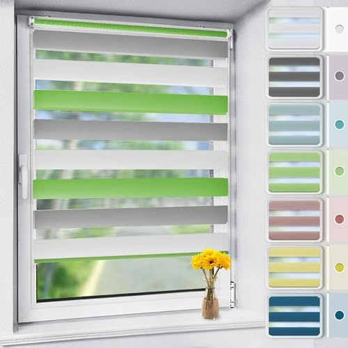 OUBO Doppelrollo Klemmfix, Rollos für Fenster ohne Bohren & mit Bohren (Grün-grau-weiß, 70cm x 120cm), Duo Rollo Klemmrollo Fensterrollo Easyfix, lichtdurchlässig und verdunkelnd.