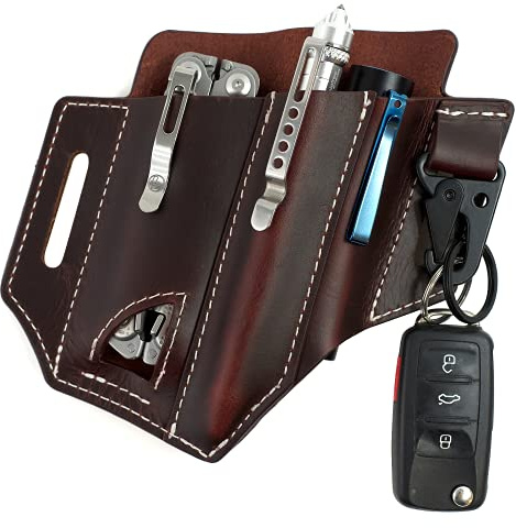 Atqana Multitool Sheath for Belt (Premium Leather) - EDC Pocket Organizer | Leatherman Holster | Handmade Leather Multitool Pouch with Pen Holder, Flashlight Sheath and Key Fob Clip
