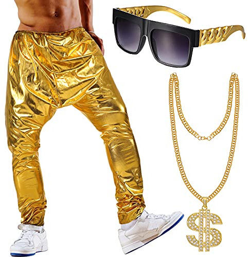 3 Pieces Hip Hop Costume Kit Men's MC Hammer Gold Costume Pants Men's Metallic Shiny Jeans, Gold Necklace Chain Metal Layered Chain, Flat Top Sunglasses for 80s 90s Rapper Accessories