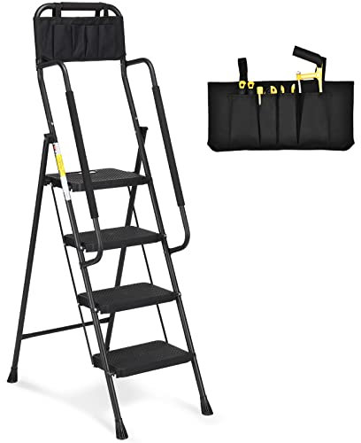 HBTower Escalera 4 Peldaños con Pasamanos, Plegable con Peldaños Antideslizantes Anchos y Bolsa Portaherramientas, Capacidad Máxima 150 kg, Ideal para Cocina, Garaje y Bricolaje