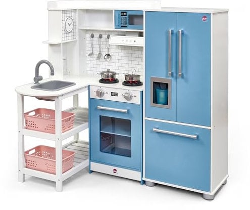 Plum Roleplay Kids Indoor Wooden Penne Pantry Bakehouse Play Kitchen with cooking utensil, fridge with ice machine and electric hobs with lights and sounds- 3 Years Plus 110 x 102 x 33cm