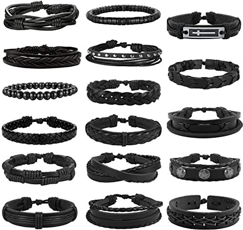 Milacolato Lederarmband Armbänder Set 17 Teiliges Armband für Männer Herren Gewebte Geflochtenes Lederarmband für Männer und Frauen Punk Herrenschmuck Schwarz Accessoires