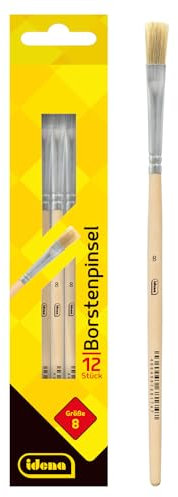Idena 90096 - Pennelli in setola, misura 8, con manico in legno non verniciato, set di 12, pennelli per pittura per bambini, artisti per hobby
