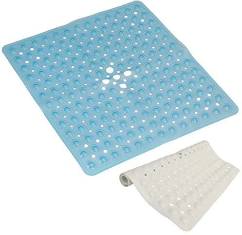 Top 3 Square Shower Mat – 53 x 53cm Large Bath Mat – Blue, and White – Non-Slip Bath Mats For Inside Bath – Thick and Durable – Anti Mould Mat With Drainage Holes – Strong Suction Cup Grip (Blue)