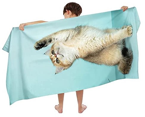 Ulticool Mikrofaser Kinder Handtuch 140 x 70 cm - Katze Dinosaurier Blau - Leicht Reisehandtuch Schnelltrocknend Badetuch Strandhandtuch Microfaser Microfiber - Reise Strand Kind Junge