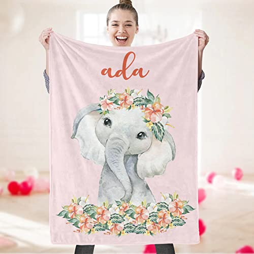 VEELU Personalisierte Babydecke Kinderdecke mit Namen und Datum Individuelle Baby Decke Elefant Decke Namensdecke Baby Geschenke für Geburt Taufe