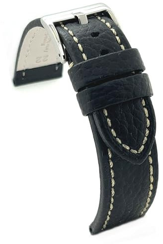 diloy Uhrenarmband Rindsleder mit Bison-Prägung und weißer Naht – Sportlicher Stil – Für robuste Uhren – Größen 18mm 20mm 22mm 24mm 26mm – Schwarz oder Braun 376 Schwarz 26mm