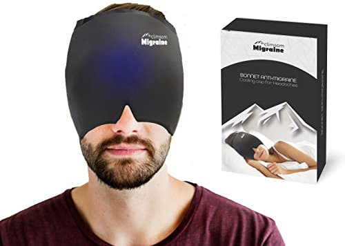 Kälte-Kopfschmerz-Kappe mit Gel – Kompressionsmaske gegen Migräne & Kopfschmerzen – Gel-Kühlpack – Ultra-kühlend (617g) + Reißverschlusstasche – CLIMSOM MIGRAINE