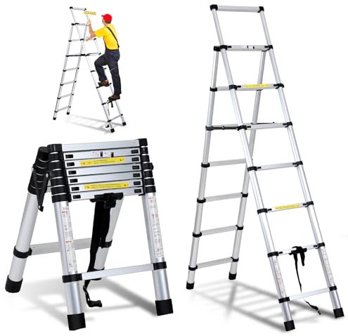 Ikodm Scala telescopica in alluminio, 2,0 m + 2,3 m, telaio ad A, 6 + 7 livelli, scala allungabile per riparazioni di tetto, dimensioni piegate 69 cm, portata 150 kg