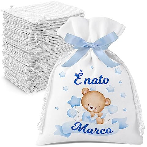 Set 12 sacchetti juta iuta bomboniere prima nascita personalizzati con nome e data. Sacchetti nascita confetti bimbo. Grafica orsetto