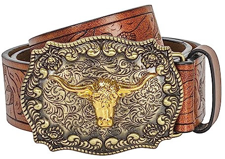 JowTreex Western-Lederschnallengürtel – Cowboy-Gürtel mit Longhorn-Stiermuster, Schnallengürtel mit Blumengravur, Gürtel für Männer und Frauen, braun, for 69-82 cm waist