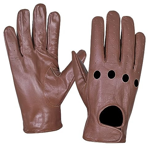 NORMAN Herren Leder Vintage Retro Stil Chauffeur Fahrhandschuhe Schafe Leder Handschuhe, BRAUNE LÖCHER, XL