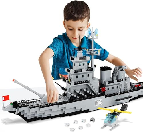 QLT WW2 - Bloques de construcción de barcos militares, regalos para adultos a partir de 8 – 18 años de edad, WW2, juguete crucero grande con helicóptero y bote de paso a la ciudad, 910 unidades