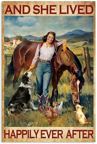 GQWJKSZ Metallschilder „Horse Girl and She Lived Happily Ever After“, Vintage-Aluminiumschild für Zuhause, Retro-Kaffee, 20,3 x 30,5 cm