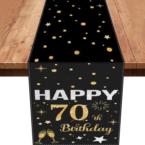 70.Tischdeko Geburtstag Schwarz Gold,Deko 70 Geburtstag Frauen Happy Birthday Tischläufer Tischdecke für 70 Party Geburtstagsdeko 180 x 35cm