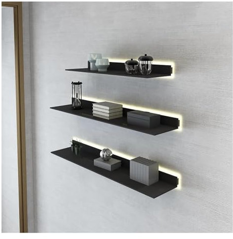 Schweberegale zur Wandmontage, 3er-Set, beleuchtetes Wandregal mit integrierter LED, Präsentationsständer aus Kohlenstoffstahl, leichte kreative Metallregale zur Aufbewahrung (Farbe: Schwarz, Größe: