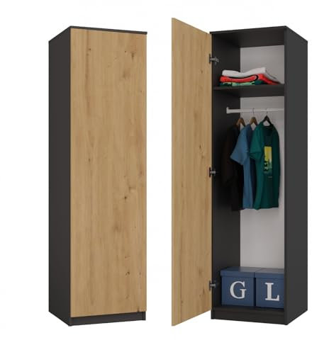 WHATSIZE ENTERPRISE – SD 50 - Anthracite Artisan Single Push-open Wardrobe – Wooden Storage Cupboard with Folding & Hanging Space - Organise Clothing, Coats & Towels - Modern Décor
