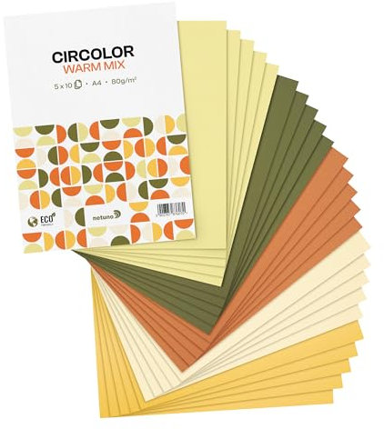 Netuno 50 Blatt Bastelkarton warme Farben DIN A4 210x 297 mm 80g Circolor Farben Mix farbig sortiert Farbkarton A4 Tonpapier farbig Buntpapier Umwelt bedruckbar Öko-Karton