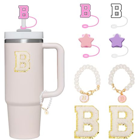 Letter Stanley Straw Cover 2Pcs Dustproof 10mm Straw Cover for Stanley Cup Accessories Include 2pcs Personalized Name ID A-Z Pearl Hangings Letter Stickers(B)