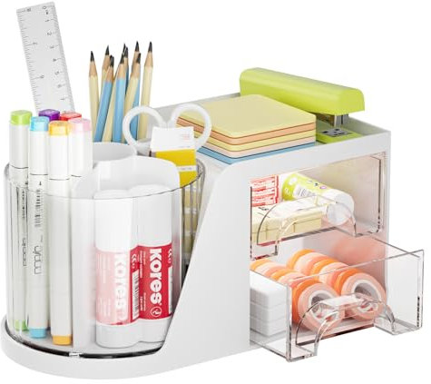 Marbrasse Schreibtisch Organizer mit 2 Schubladen,360 Grad Drehbarer Stifthalter,Schreibtisch-Organizer mit 5 Fächern,Aufbewahrungsbox für Heim Büro (weiß)