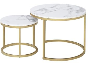 JZGORC Lot de 2 Table Basse Ronde, Table Basse Gigogne, Plateau à Motif en Marbre, Pieds en Métal Plaqué Or, Adapté au Salon, Café, Salon (60 * 45 cm et 40 * 35 cm) - Or Blanc
