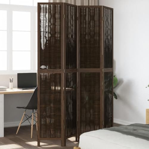 4-tlg. Raumteiler Dunkelbraun Massivholz Paulownia,Eleganter Raumteiler aus Weide und Paulowniaholz mit verbrannter Optik Faltbarer Sichtschutz für mehr Privatsphäre in Wohnund Arbeitsräumen Paravants