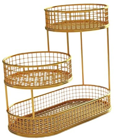 Fenteer Obstkorb mit 3 Ebenen, Obstschale, Obstschalenhalter, Küchenarbeitsplattenregal, Obsthalter, Organizer für Zwiebeln und Bauernhaus, Gold