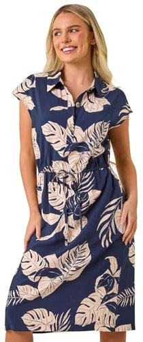 Roman Shirt Dress for Women UK Ladies Short Sleeve Sleeveless Belted Collared Midi Maxi Summer Spring Smart Casual Button Evening Office A Line Swing Skater - Petite Navy Multi - Size 14