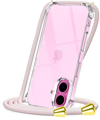 CAROKI Crossbody Case for iPhone iPhone 16,Necklace Mobile Phone Cover with Cord Strap Clear Transparent TPU Soft iPhone iPhone 16 Cover Holder with Neck Cord Lanyard Strap-Rose Gold