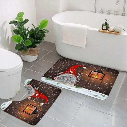 AELKSP Badezimmerteppich Set 2 Teilig,Niedlicher Gnom, modische Weihnachts-Folklore-Elfen,rutschfest Waschbar Badvorleger Set,Saugfähig Badematte Badteppich Set mit