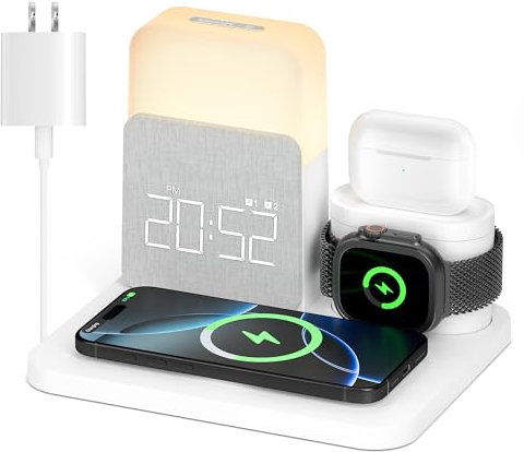 Alarm Clock with Wireless Charger for Bedrooms, 7 in 1 Wireless Charging Station, Magnetic Charger with Night Light Bedside Clock for iPhone 16 15 14 13 12 Pro Max, Apple Watch, AirPods
